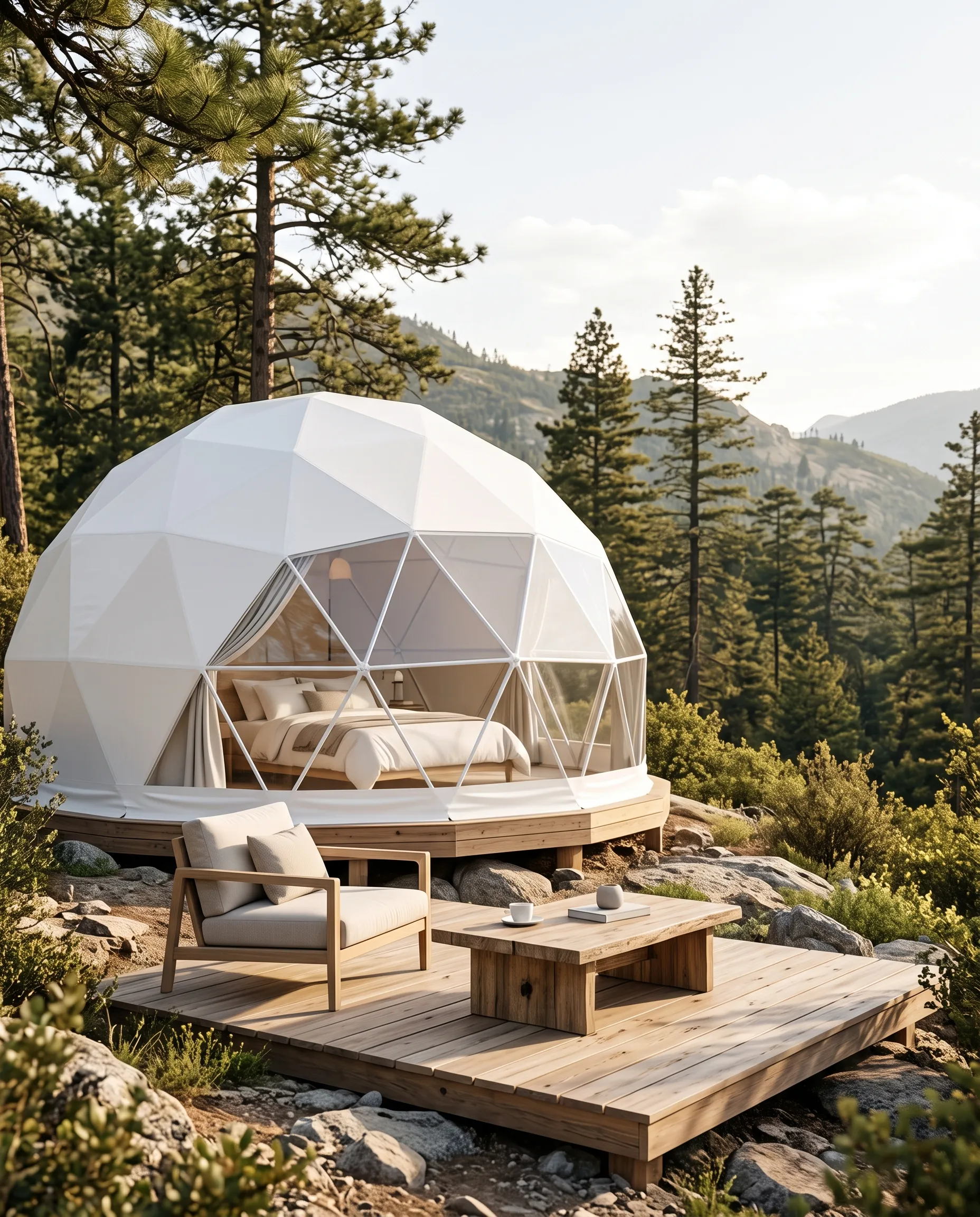 Cabañas de glamping con luces y fogata