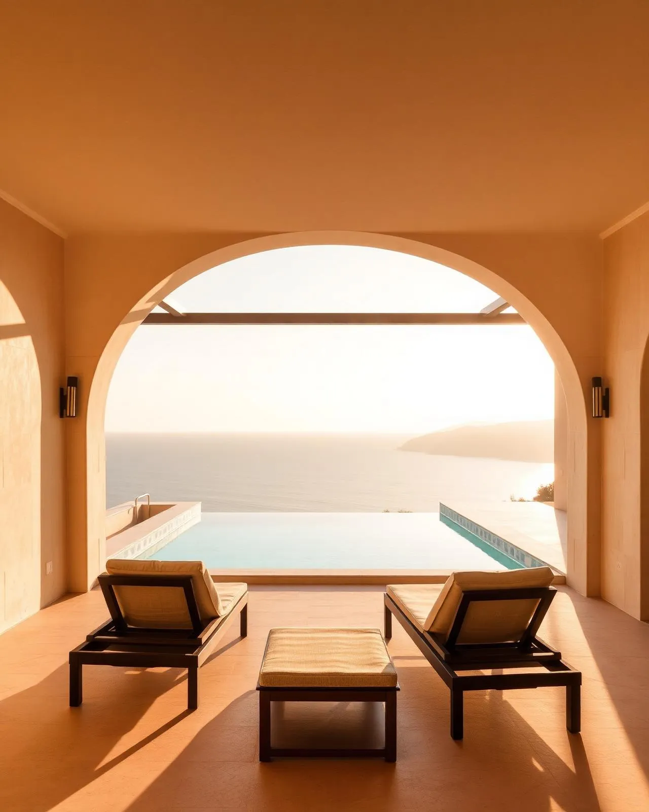 Terraza de hotel con piscina y vista al mar