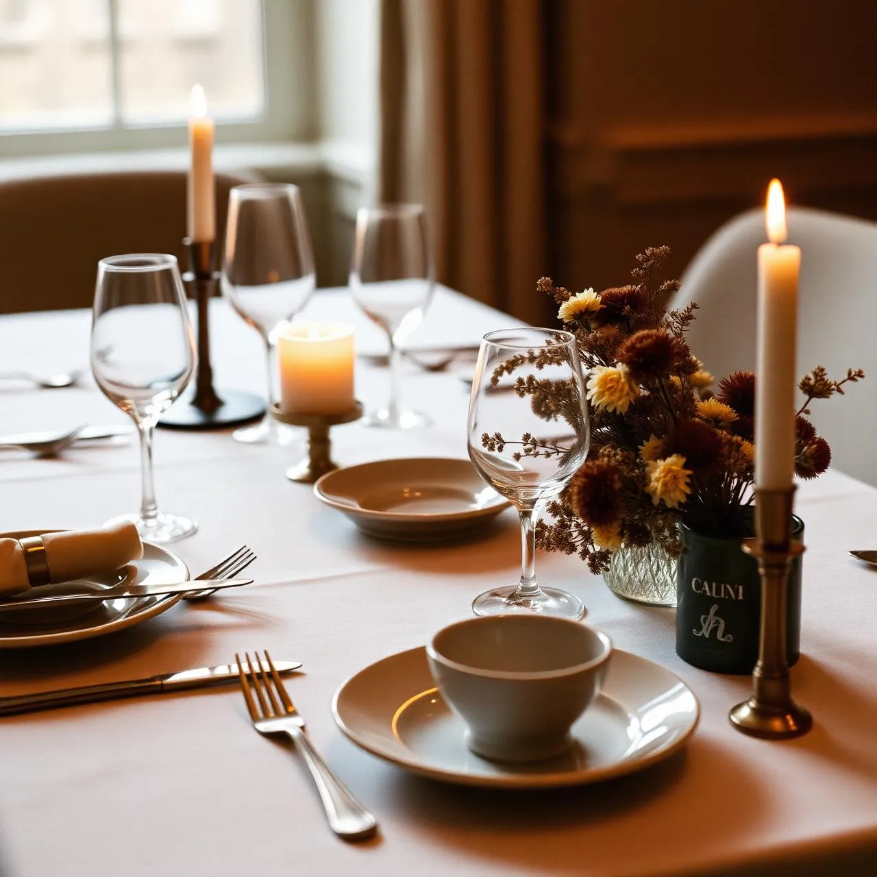 Mesa de restaurante con vajilla, copas y velas